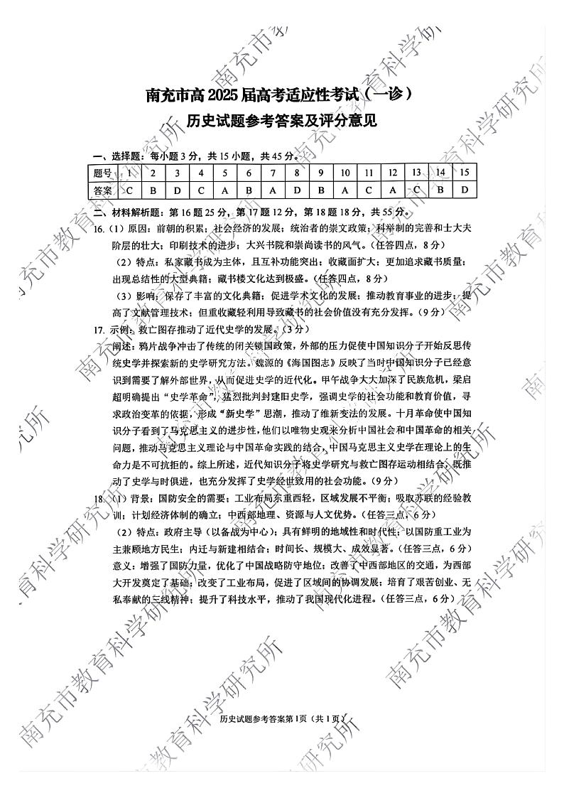 四川省南充市2025届高三高考适应性考试（一诊）历史试题答案第1页