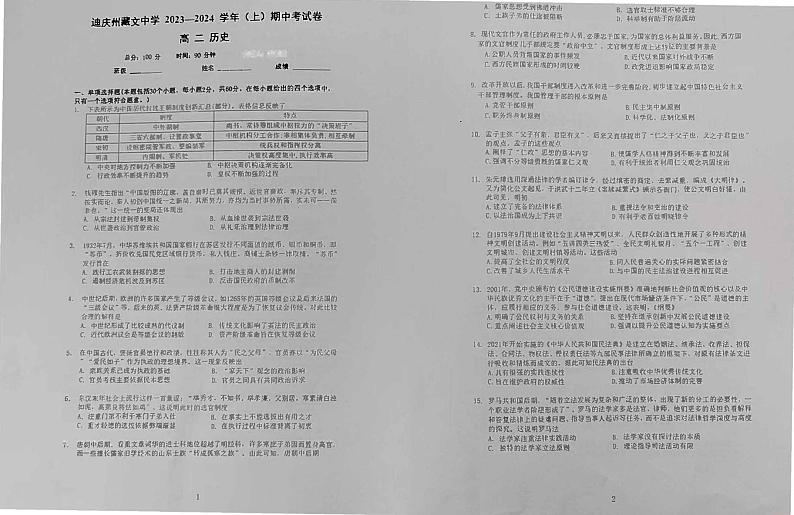 云南迪庆州藏文中学2023-2024学年高二上学期期中考试历史试题第1页