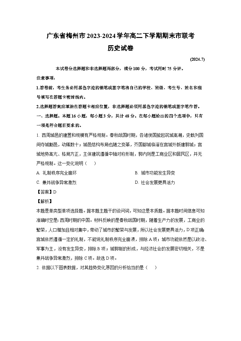 广东省梅州市2023-2024学年高二下学期期末市联考历史试卷(解析版)01