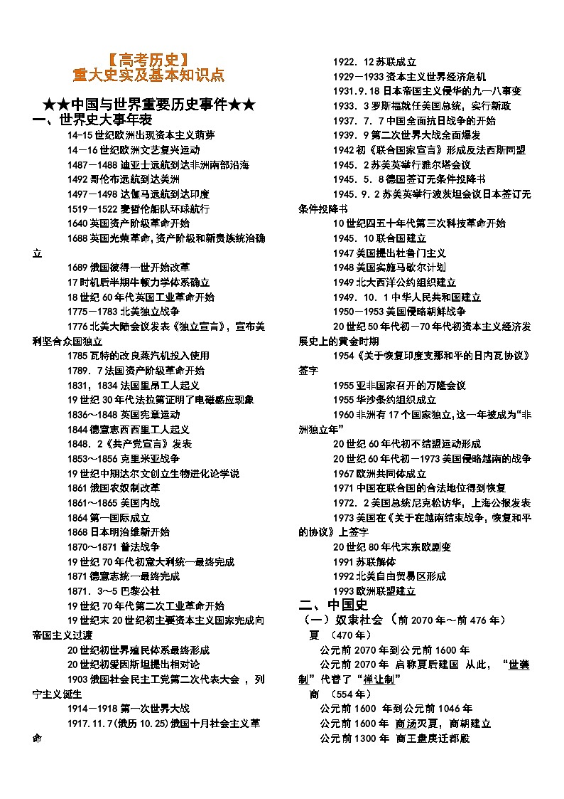 【高考历史】重大史实及基本知识点-学案第1页
