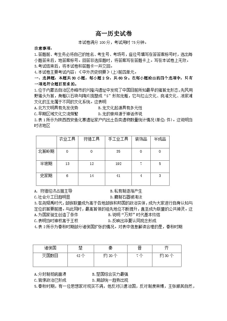 高一历史试卷第1页