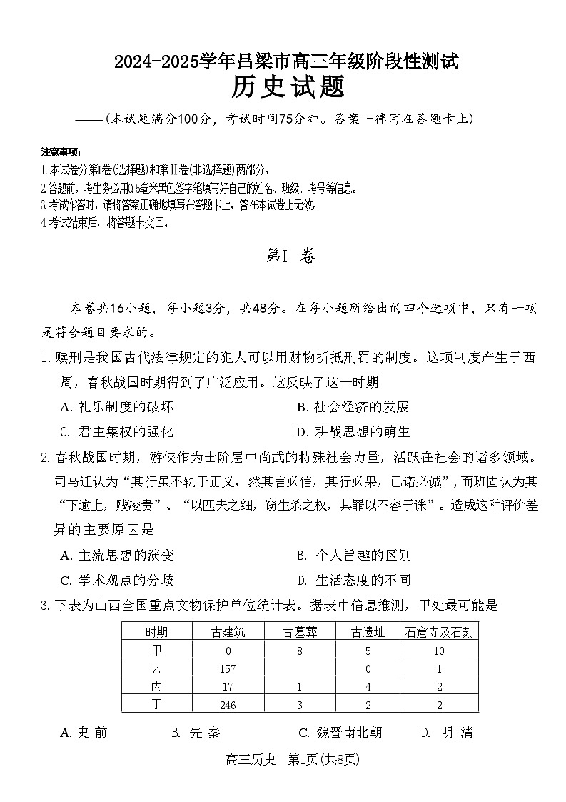2025吕梁高三上学期11月期中考试历史含解析第1页