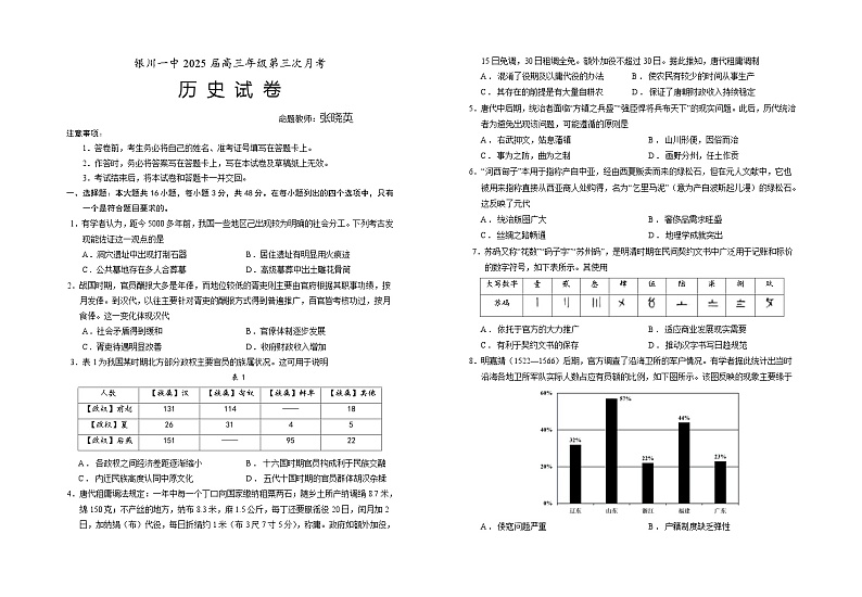 2025回族自治区银川一中高三上学期第三次月考试题历史含解析01