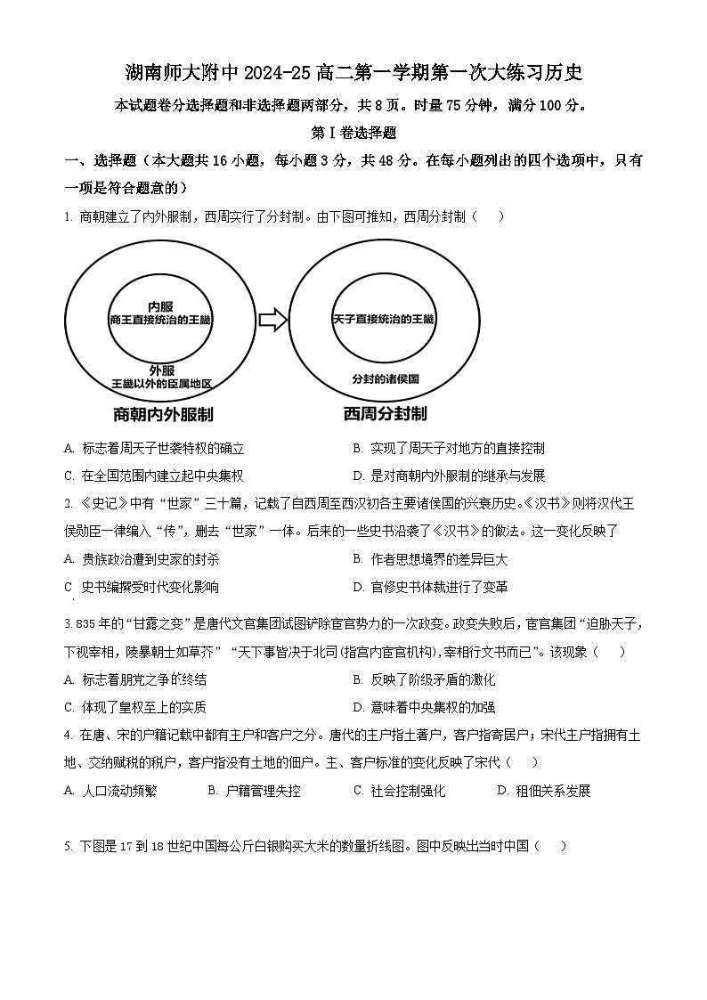 湖南省长沙市湖南师范大学附属中学2024-2025学年高二上学期第一次大练习历史试题 Word版无答案第1页