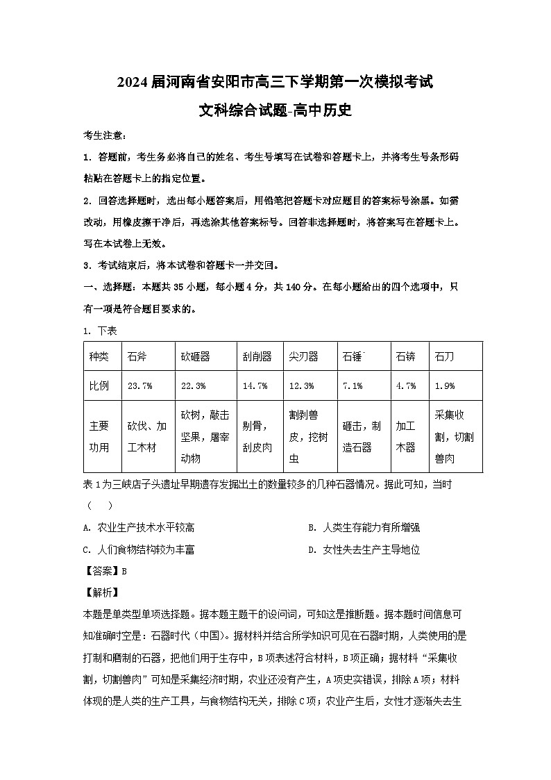 2024届河南省安阳市高三下学期第一次模拟考试文科综合历史试卷(解析版)第1页