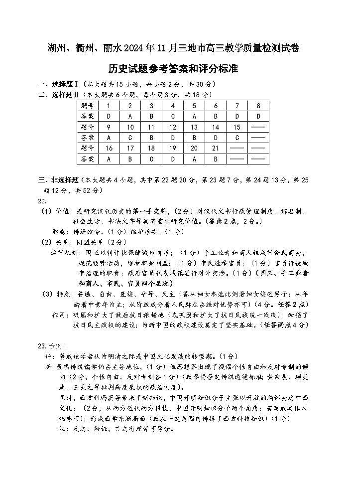 湖州、丽水、衢州 2024 年 11 月三地市高三教学质量检测历史试卷参考答案第1页