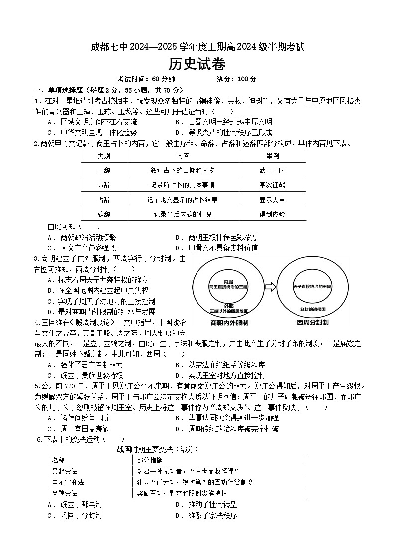 四川省成都市第七中学2024-2025学年高一上学期期中考试历史试卷01