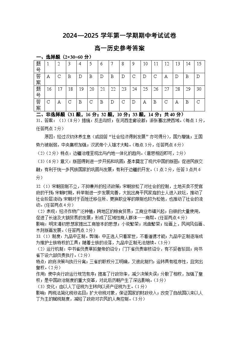 2024.11高一期中考试参考答案第1页
