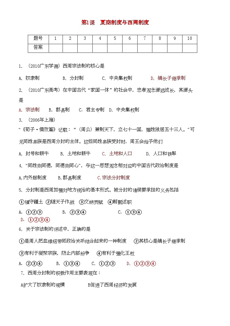 2022年高中历史第1课练习夏商制度与西周封建岳麓版必修1第1页