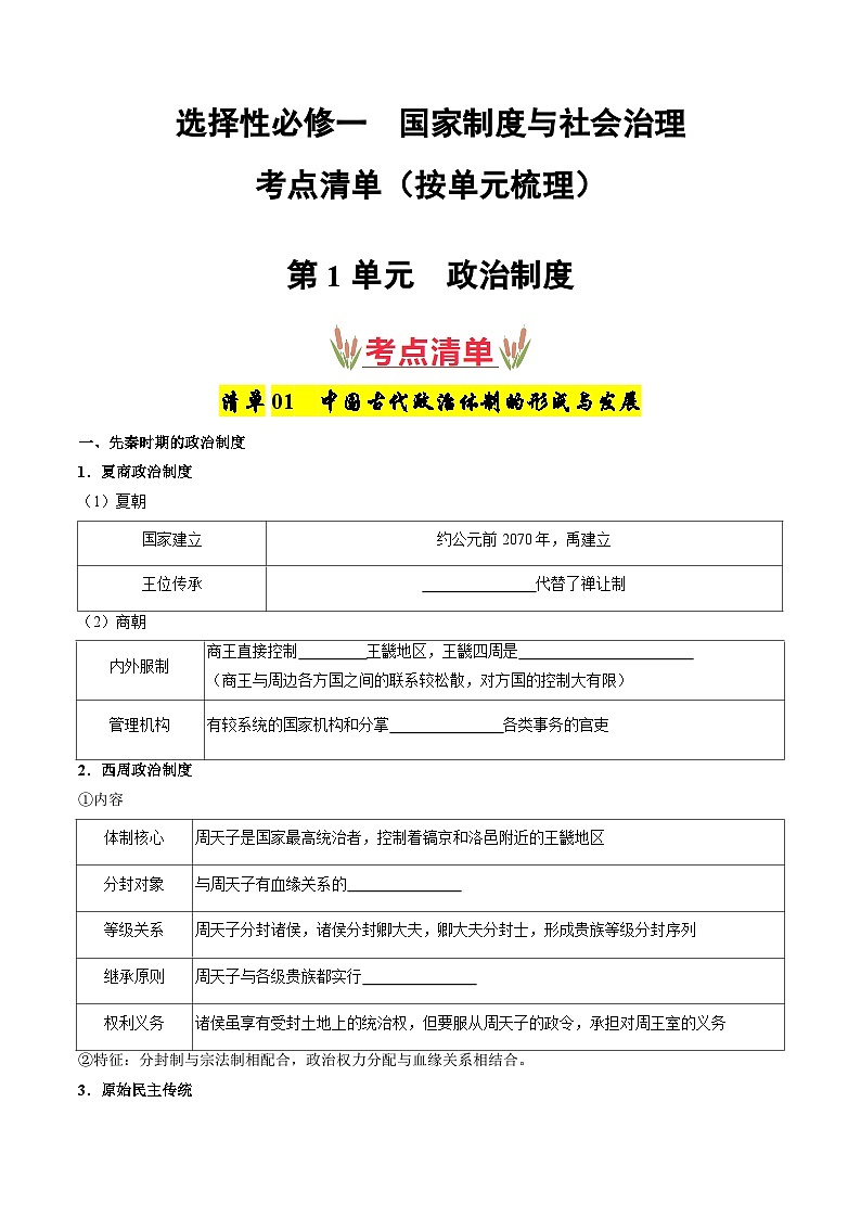 选必1《国家制度和社会治理》（考点清单）-2024-2025学年高二历史上学期期中考点大串讲（统编版）01