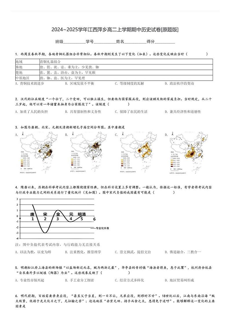 2024～2025学年江西萍乡高二上学期期中历史试卷[原题+解析版]第1页