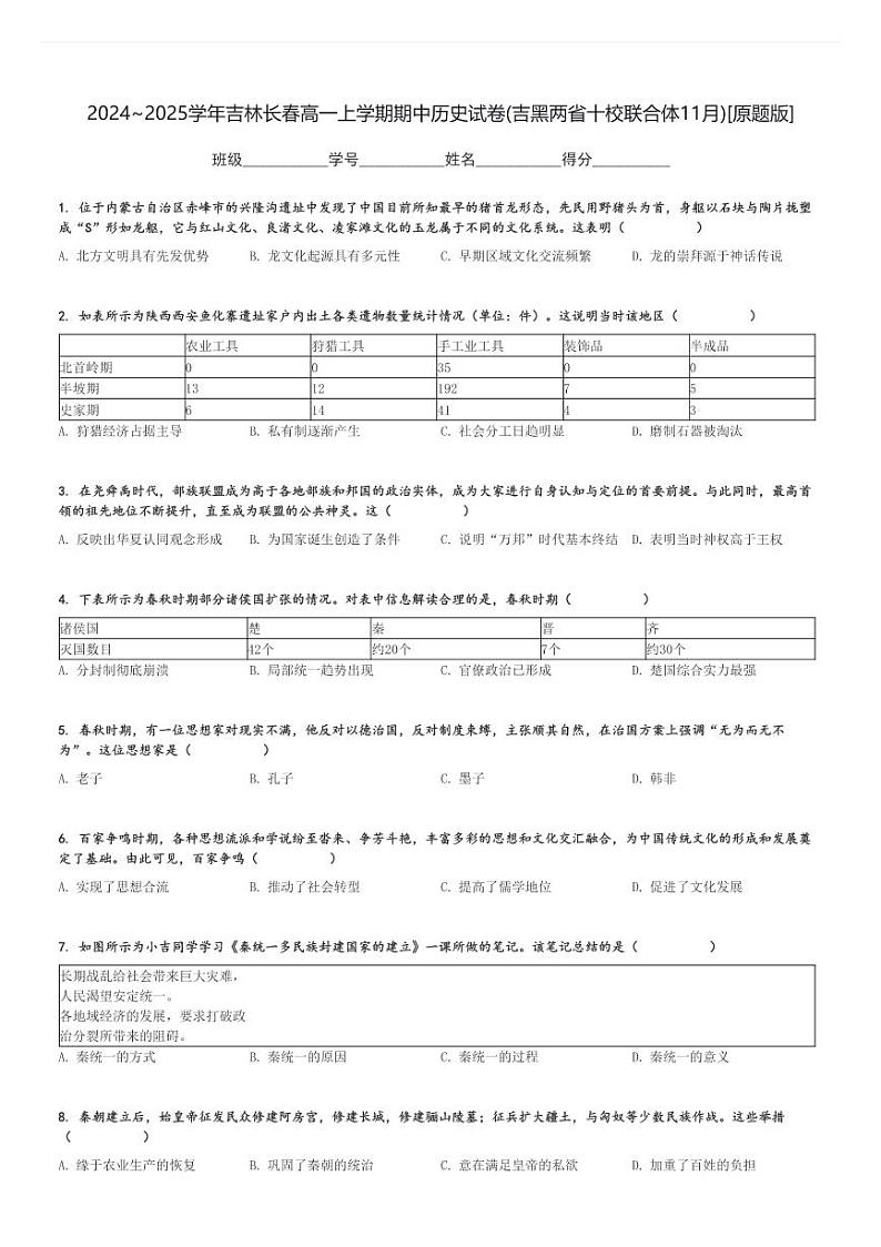 2024～2025学年吉林长春高一上学期期中历史试卷(吉黑两省十校联合体11月)[原题+解析版]第1页
