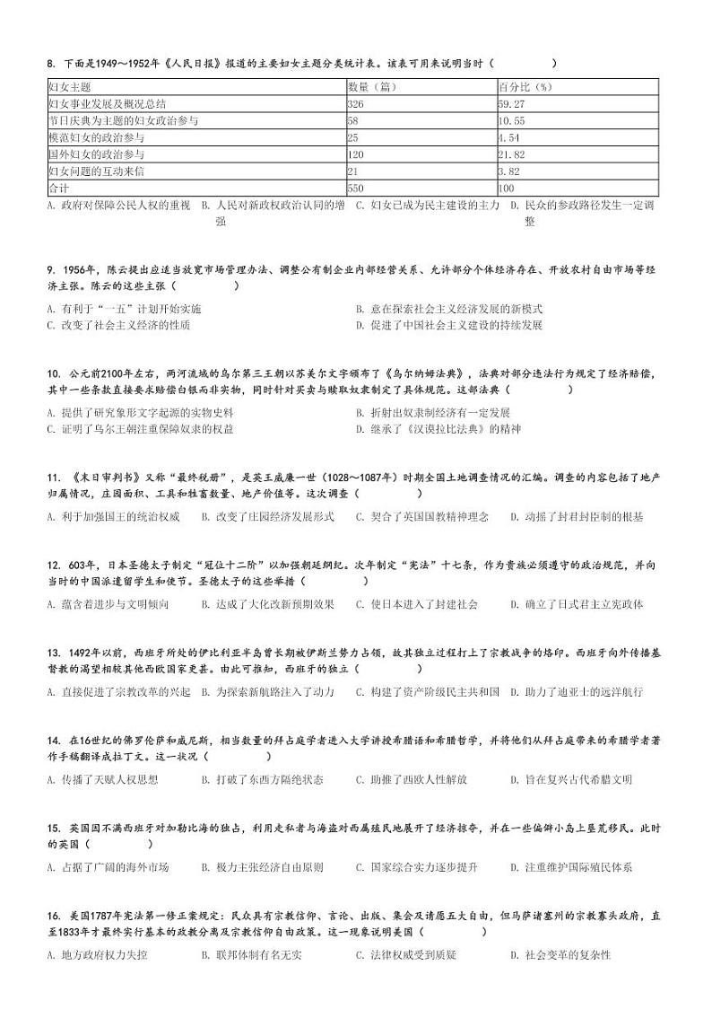 2024～2025学年甘肃高三上学期期中历史试卷[原题+解析版]第2页