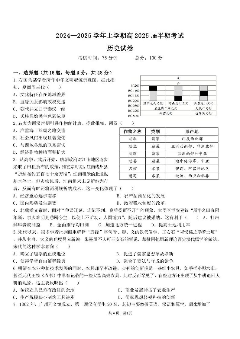 历史-四川省成都市第七中学2024-2025学年高三上学期11月期中考试题和答案第1页