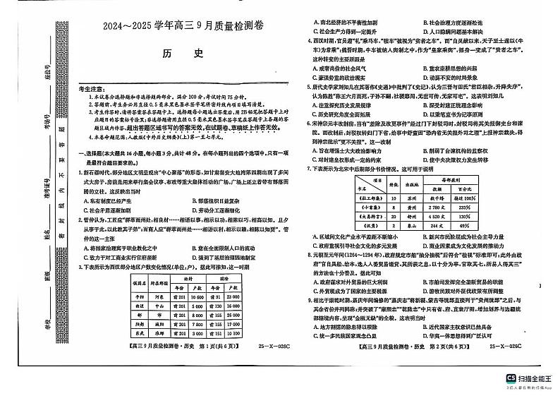 三晋卓越联盟·山西省2024-2025学年度高三9月质量检测卷(25-X-26C)历史试题第1页