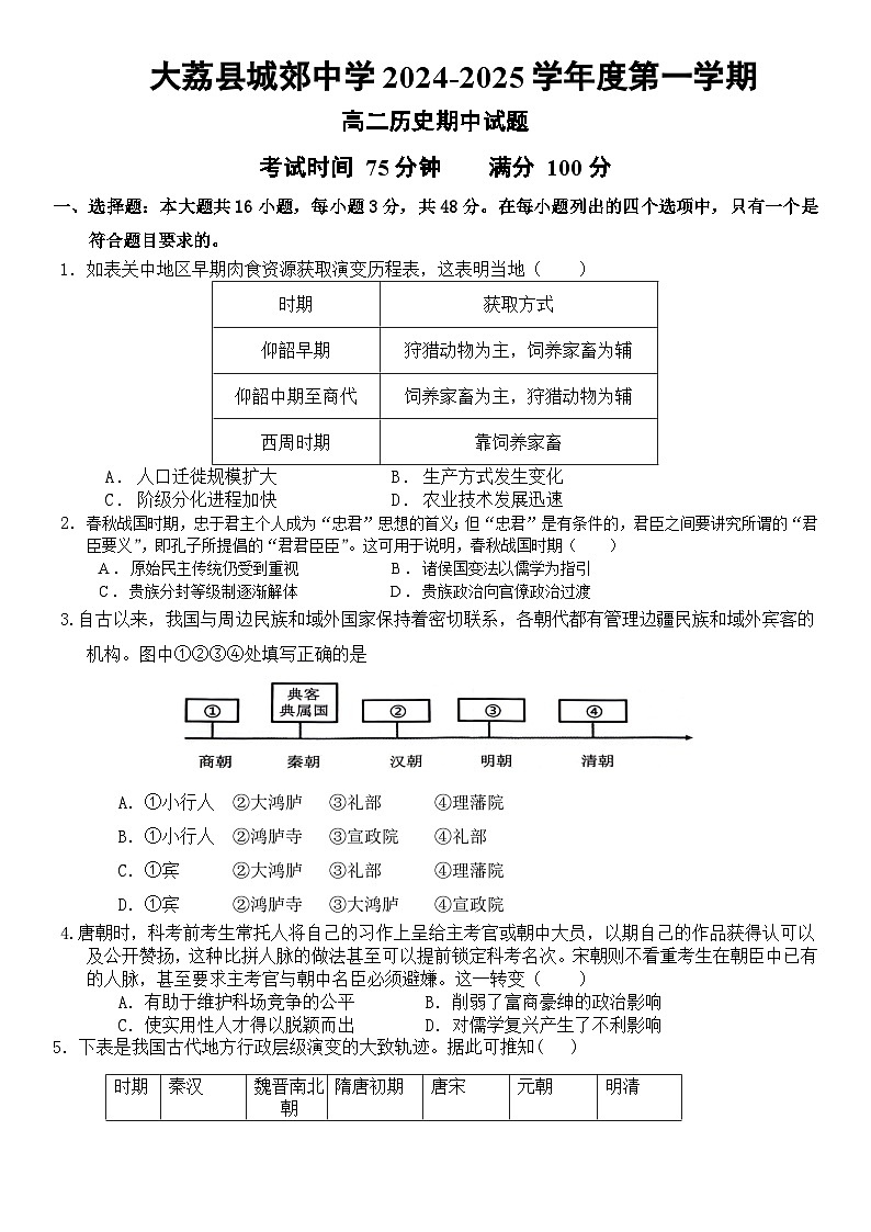 陕西省渭南市大荔县城郊中学2024-2025学年高二上学期期中考试历史试卷第1页