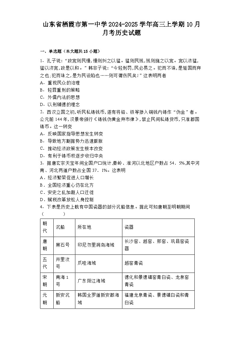 山东省栖霞市第一中学2024-2025学年高三上学期10月月考历史试题（含解析）第1页