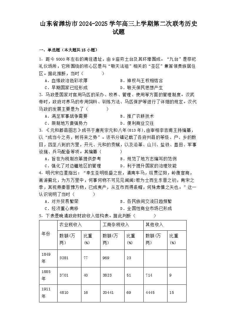 山东省潍坊市2024-2025学年高三上学期第二次联考历史试题第1页