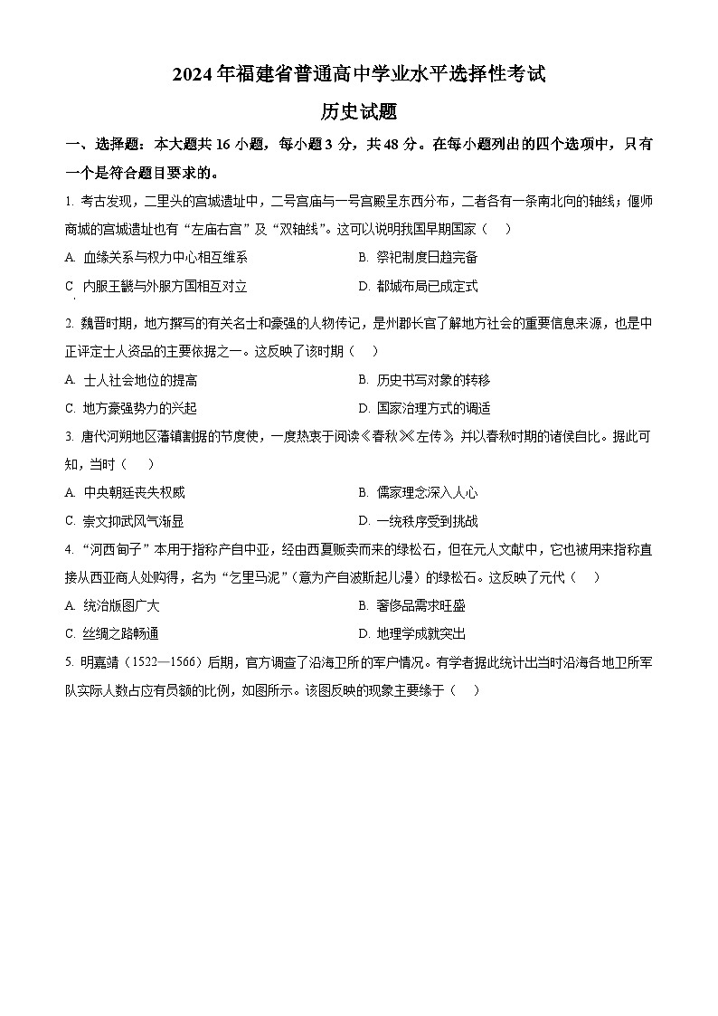 2024年高考真题——历史（福建卷）试卷（Word版附答案）01