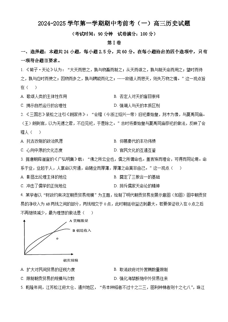 山东省临清市实验高级中学2024-2025学年高三上学期期中考前考（一）历史试题（原卷版）第1页