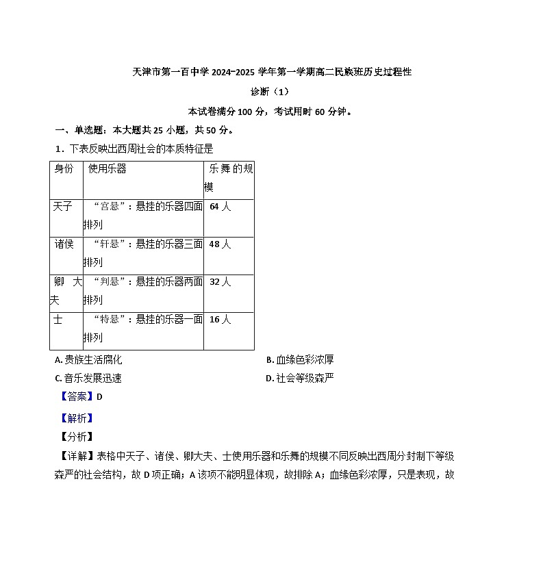 天津市第一百中学2024-2025学年高二民族班上学期过程性诊断(1)历史试卷（解析版）第1页