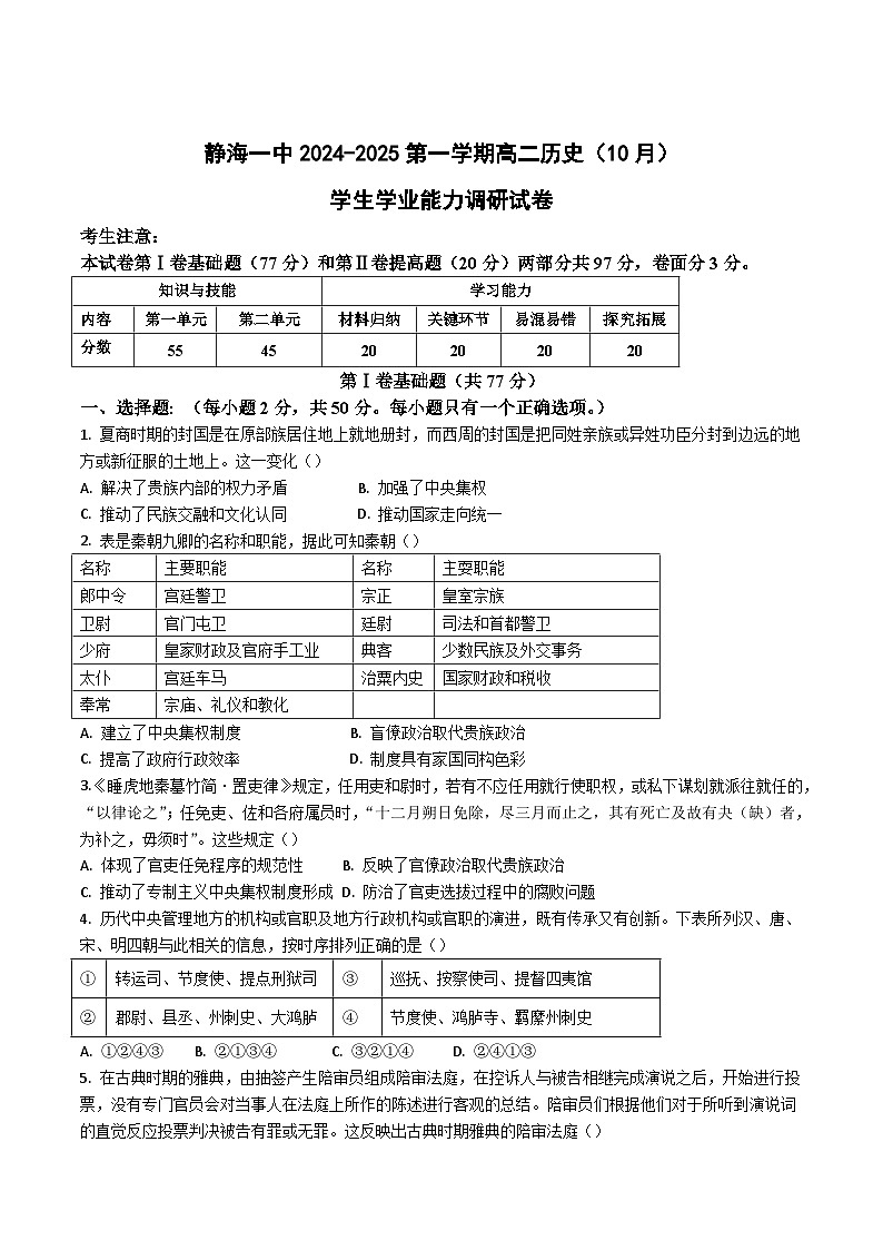 天津市静海区第一中学2024-2025学年高二上学期10月学生学业能力调研历史试卷01
