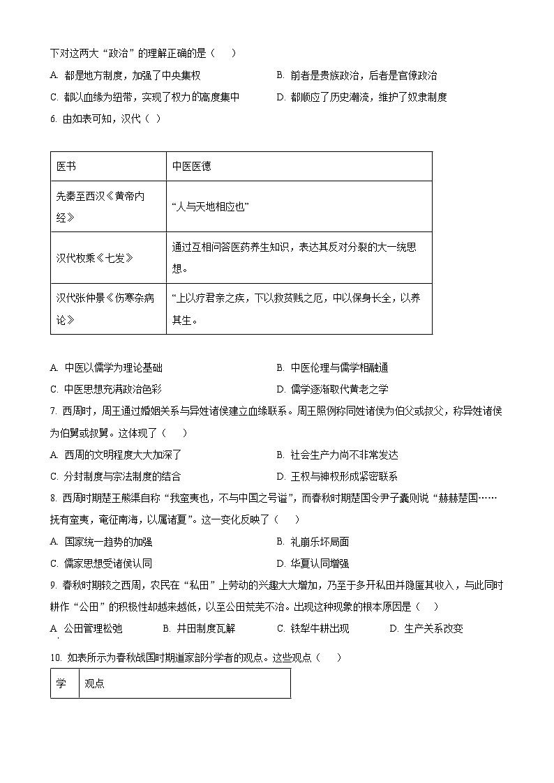 四川省成都市新都区悦动新城学校2024-2025学年高一上学期10月月考历史试题（原卷版）第2页