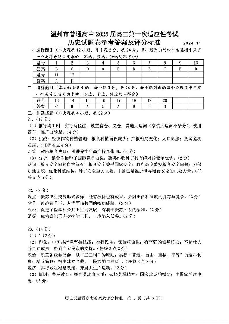 历史试题卷参考答案及评分标准第1页