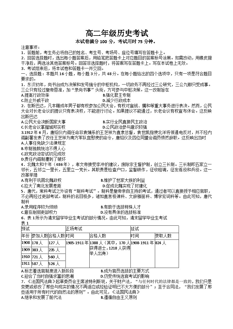 陕西省部分学校2024-2025学年高二上学期期中考试历史试题01
