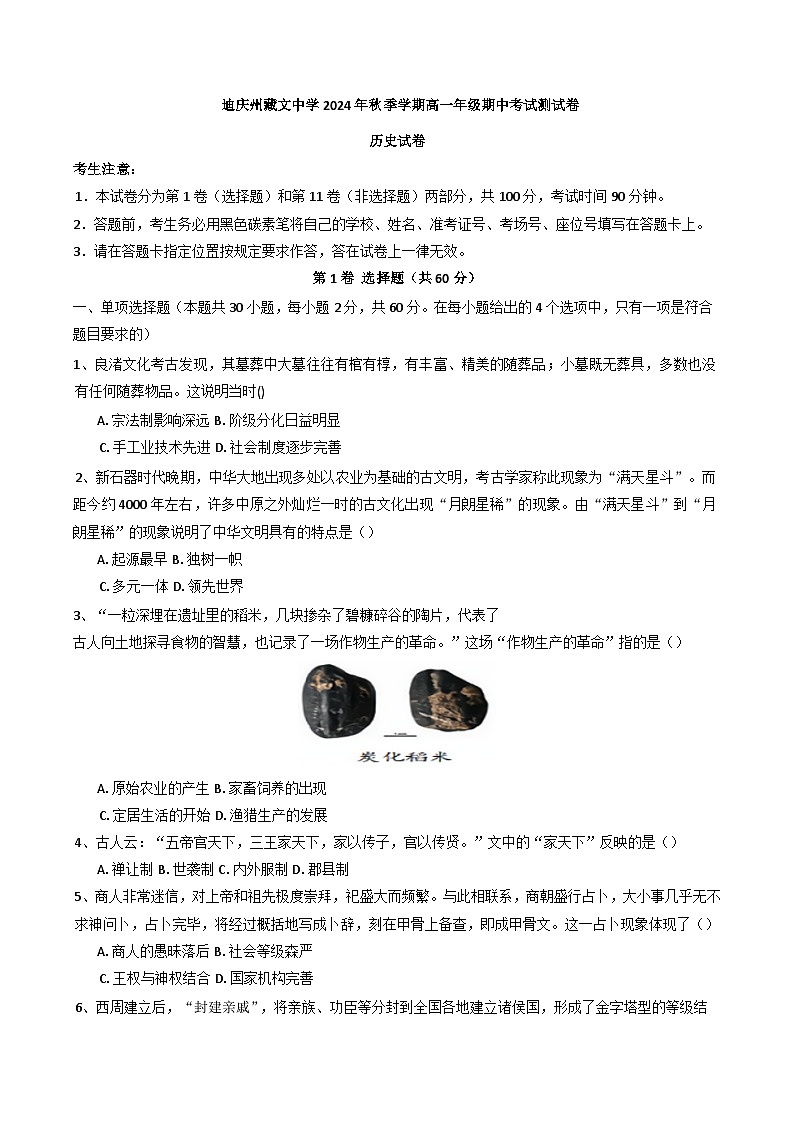 云南省迪庆藏族自治州藏文中学2024-2025学年高一上学期期中考试历史试题第1页
