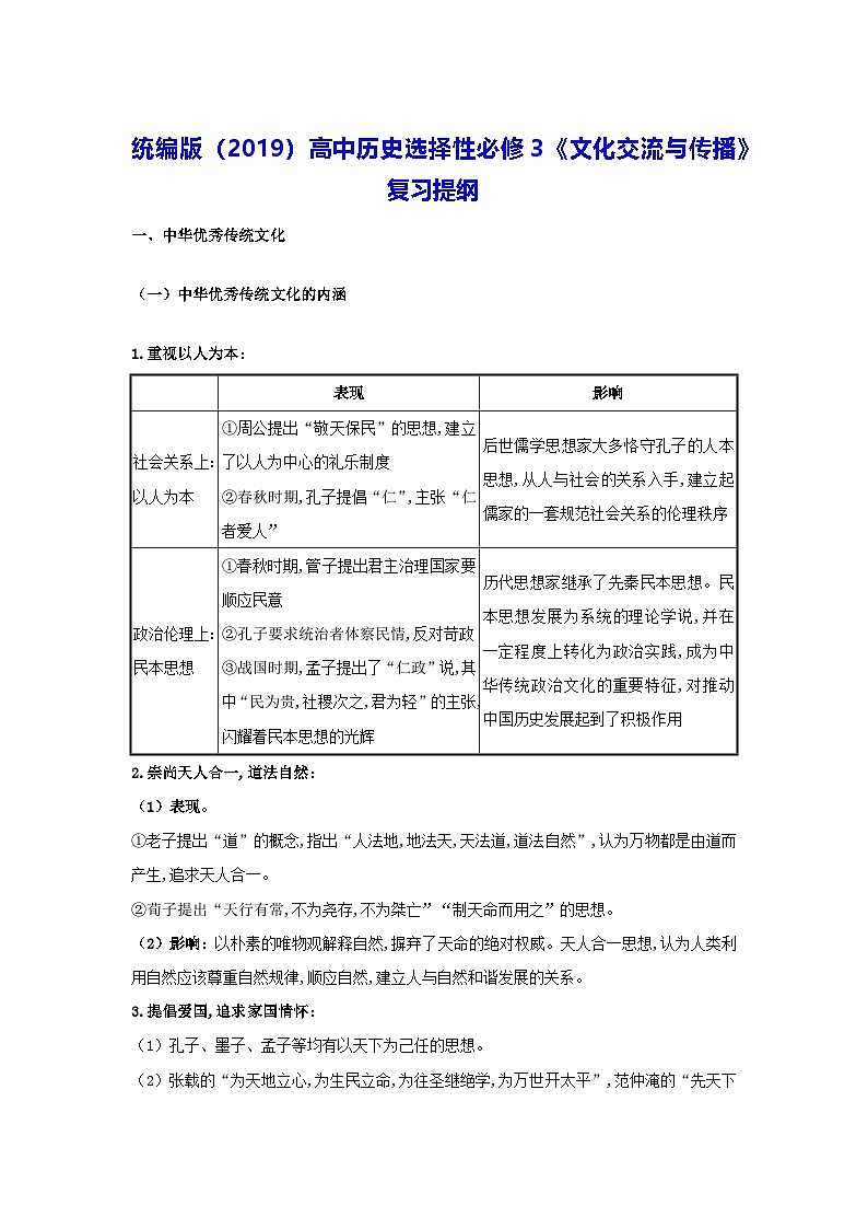 统编版（2019）高中历史选择性必修3《文化交流与传播》复习提纲学案01