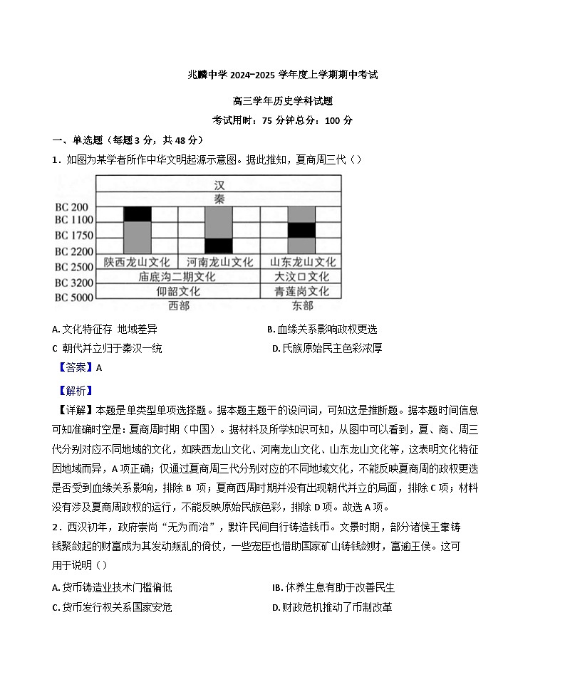 黑龙江省哈尔滨市双城区兆麟中学2024-2025学年高三上学期期中历史试题（解析版）01