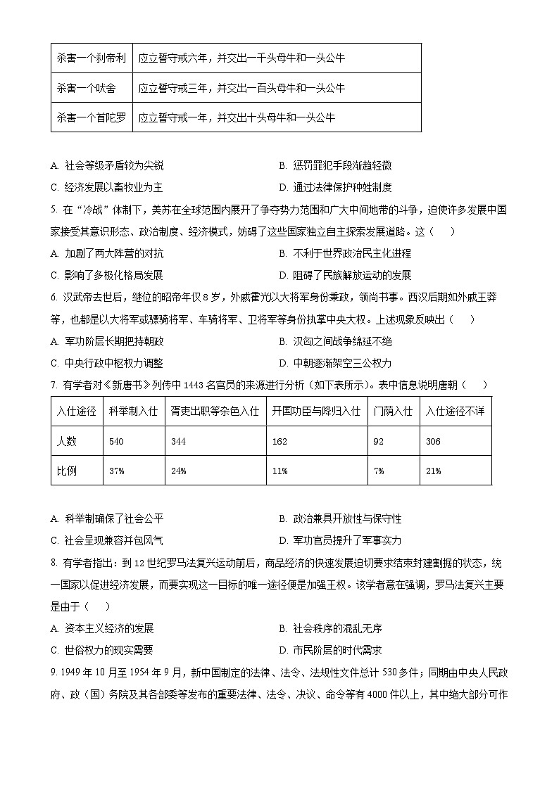 精品解析：云南省昆明市寻甸回族彝族自治县第一中学2024-2025学年高二上学期期中考试历史试题（原卷版）第2页