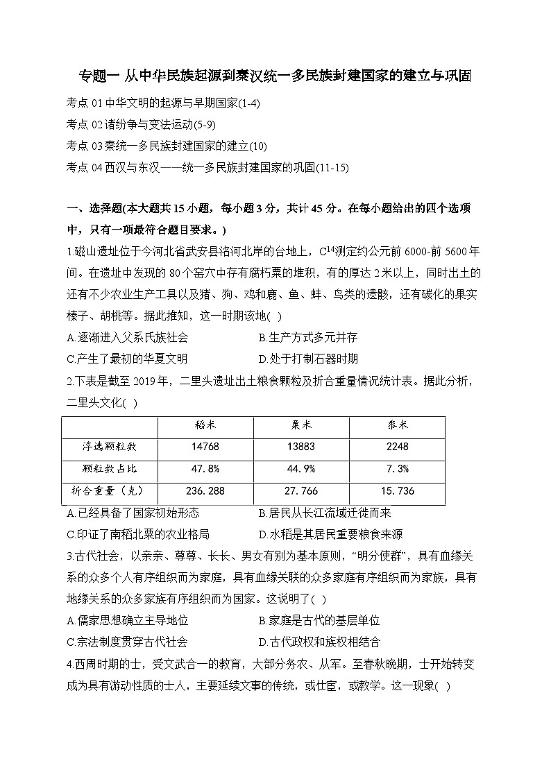 专题一 从中华民族起源到秦汉统一多民族封建国家的建立与巩固（练习）-【考点剖析】2025年高考历史一轮复习考点剖析（含解析）第1页