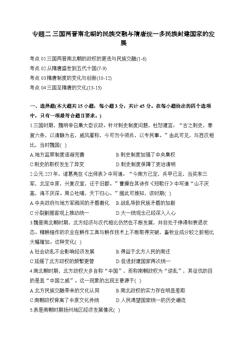 专题二 三国两晋南北朝的民族交融与隋唐统一多民族封建国家的发展（练习）-2025年高考历史一轮复习考点剖析（含解析）第1页