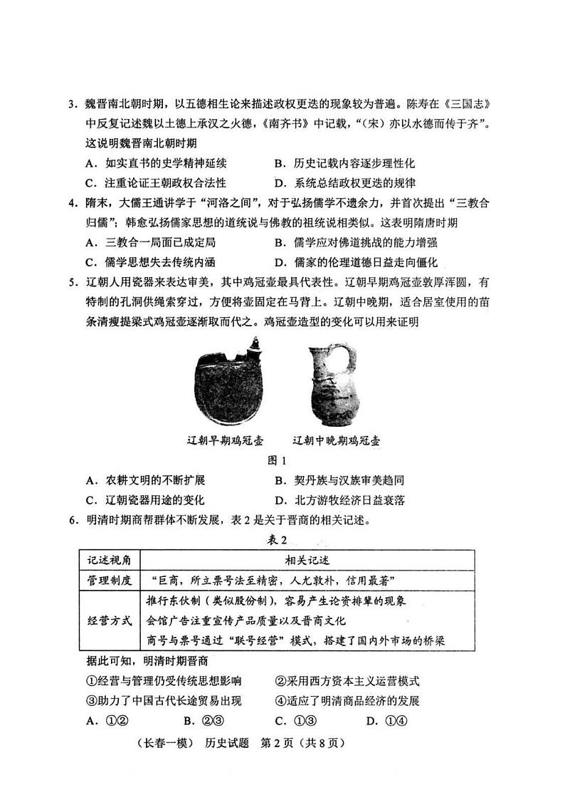 历史丨吉林省长春市2025届高三11月质量监测（一）历史试卷及答案第2页