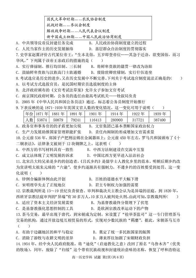 浙江省杭州市北斗联盟2024-2025学年高二上学期期中联考历史试题02