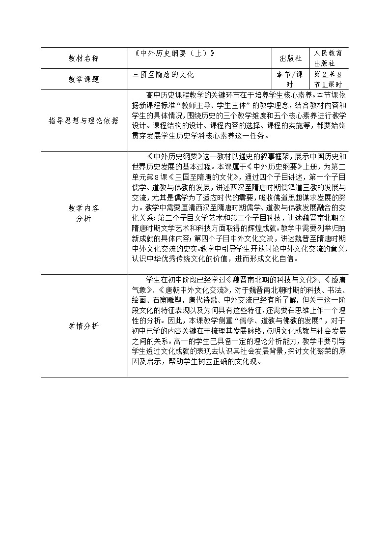 第8课 三国至隋唐的文化 教学设计（表格式）--2024-2025学年高一统编版（2019）历史必修中外历史纲要上册第1页