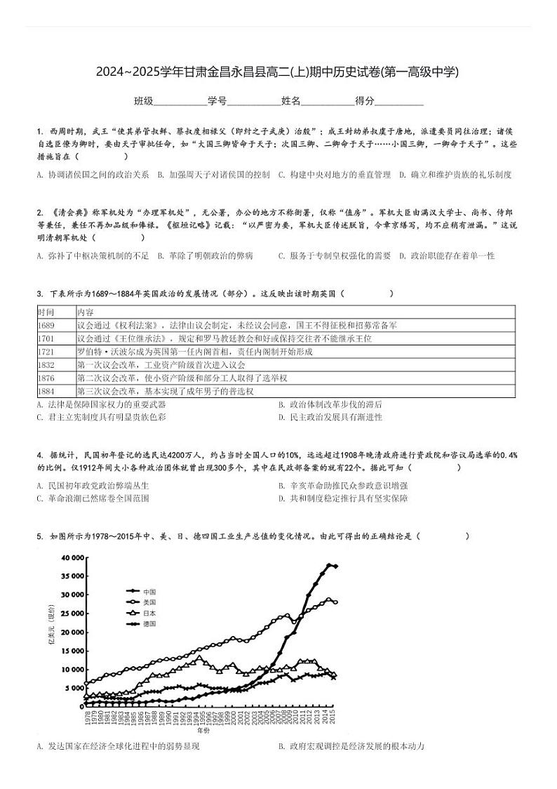 2024～2025学年甘肃金昌永昌县高二(上)期中历史试卷(第一高级中学)[原题+解析]01