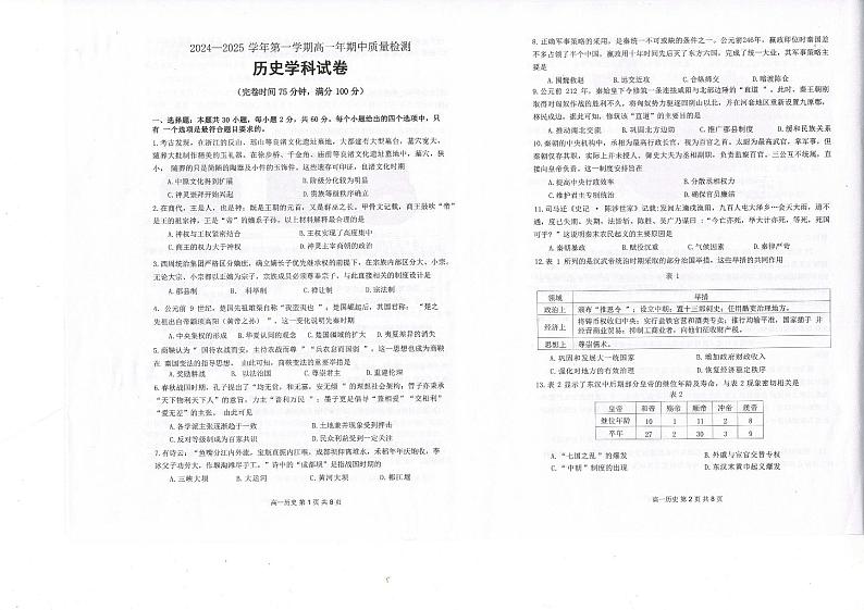福建省福州福清市2024-2025学年高一上学期期中考试历史试题第1页