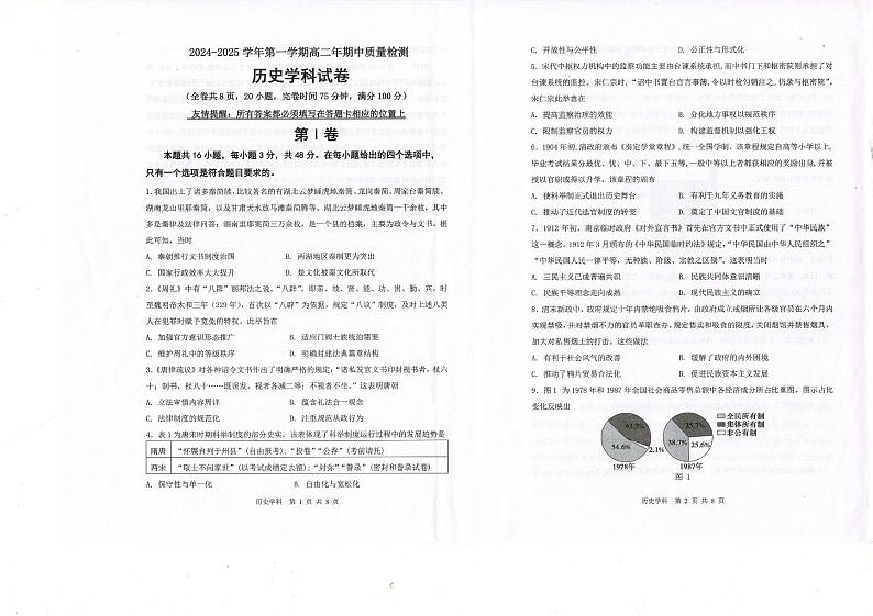 福建省福州市福清市2024-2025学年高二上学期期中考试历史试题01