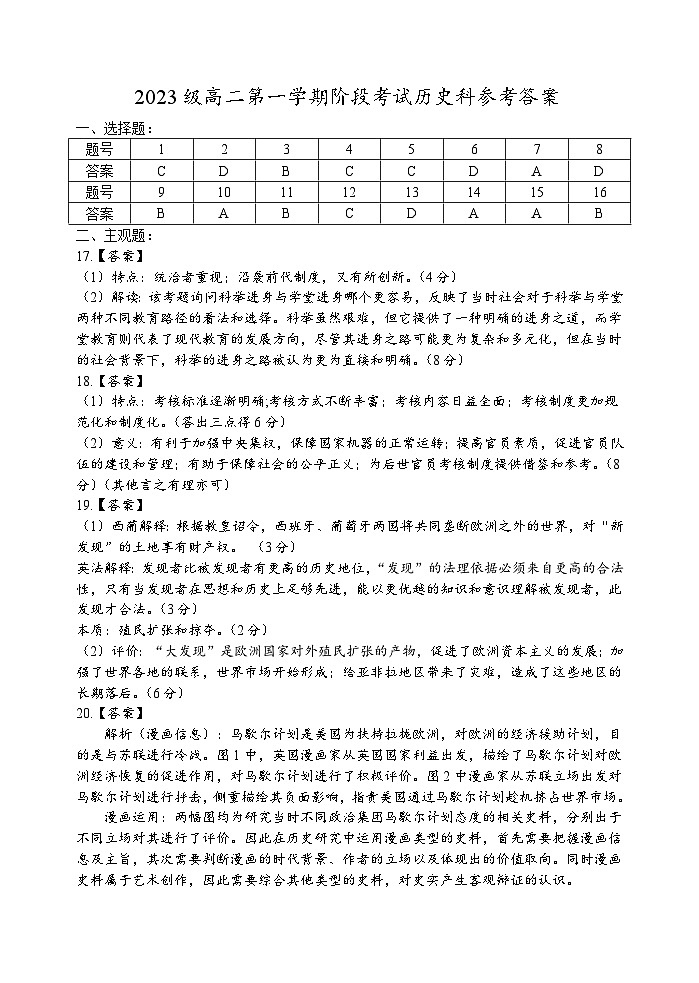 2023级高二第一学期阶段考试历史科参考答案第1页
