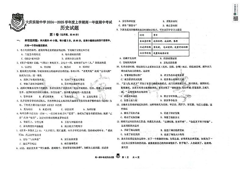 黑龙江省大庆市实验中学实验二部2024-2025学年高一上学期期中考试历史试卷第1页