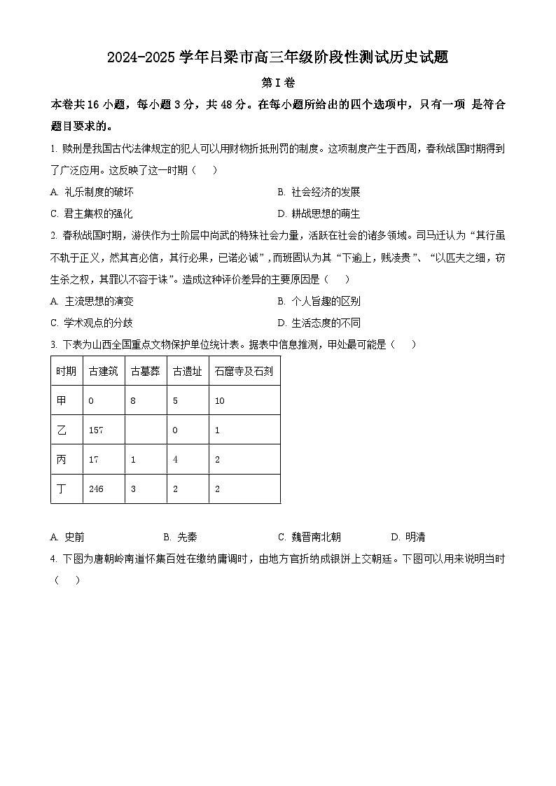 山西省吕梁市2024-2025学年高三上学期期中阶段性测试历史试题无答案第1页