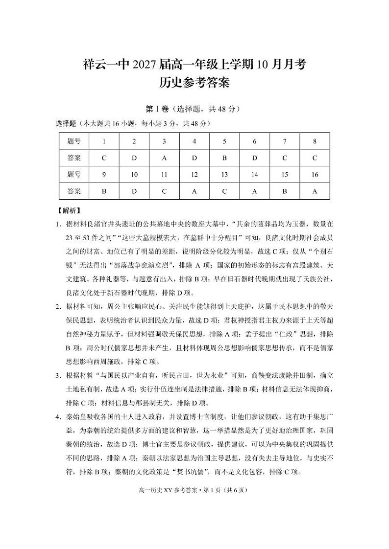 高一年级上学期10月月考历史-答案第1页