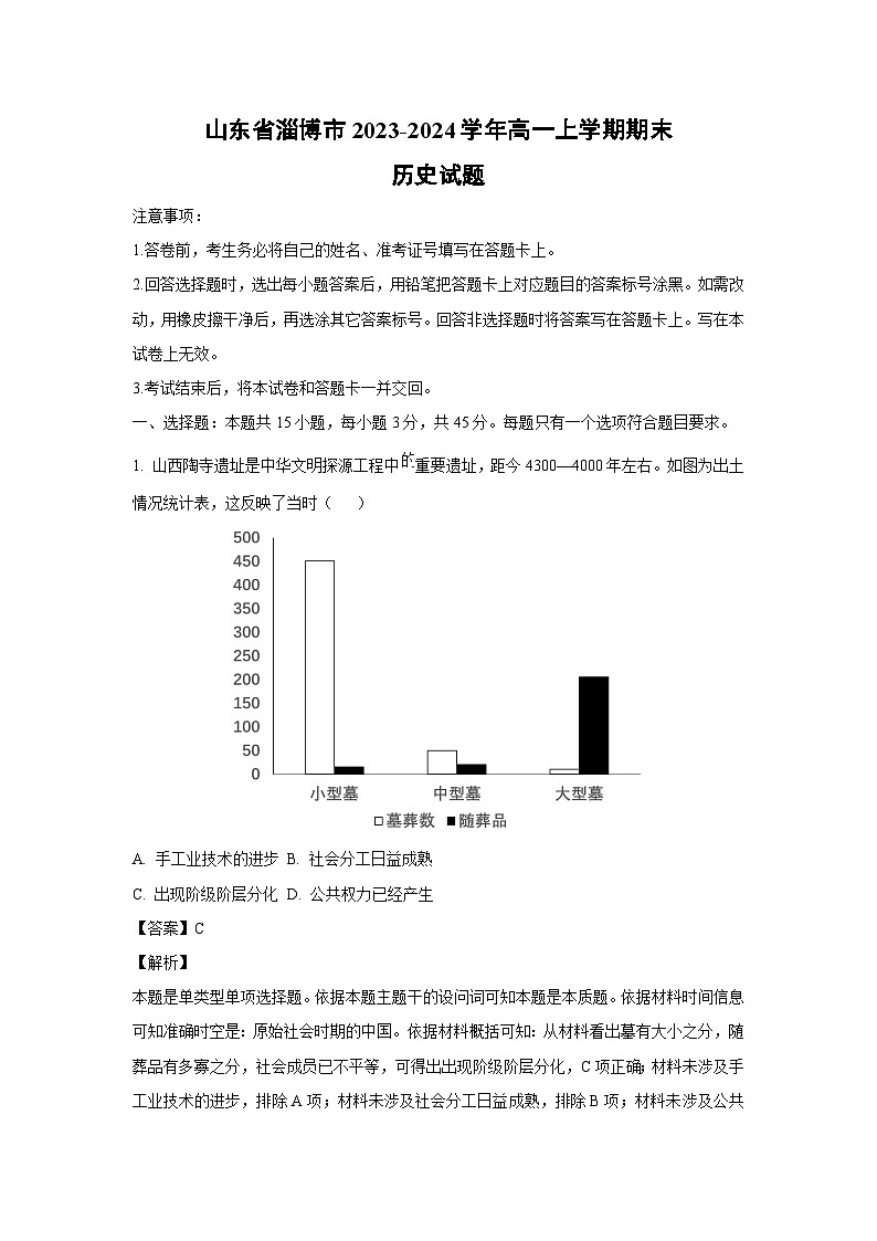 2023-2024学年山东省淄博市高一(上)期末历史试卷（解析版）第1页