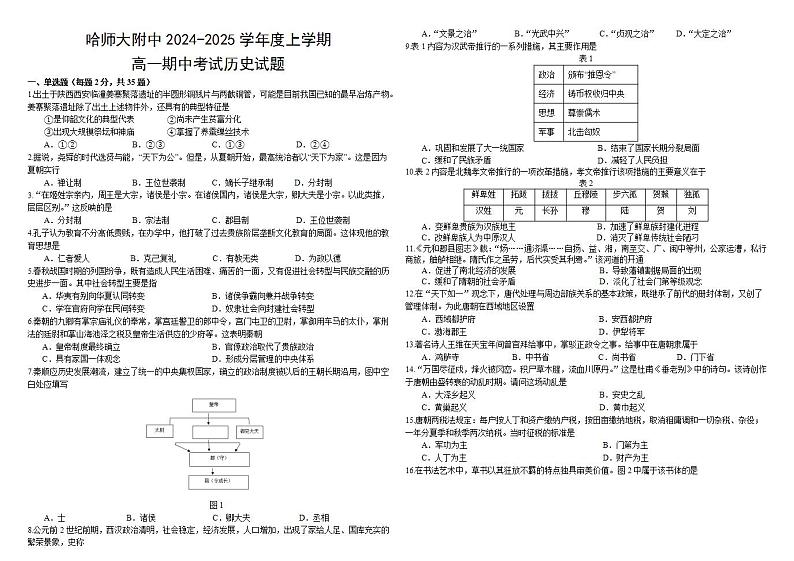 黑龙江省哈尔滨市师范大学附属中学2024-2025学年高一上学期期中考试历史试题第1页