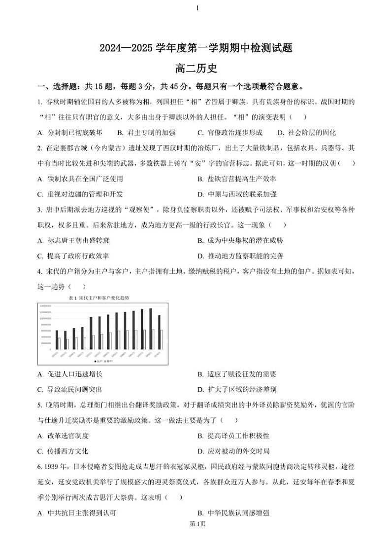 2024～2025学年江苏省扬州市江都区高二(上)期中历史试卷(含答案)第1页
