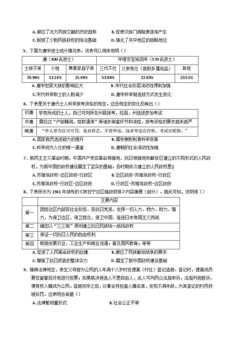 福建省莆田市仙游县第二教研片区2024-2025学年高二上学期期中考试历史试题第2页