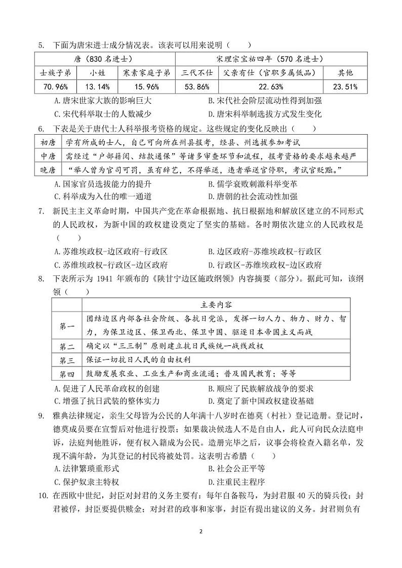 仙游县高中第二教研片区2024-2025 学年上学期期中联考高二年级历史学科试卷、答案第2页